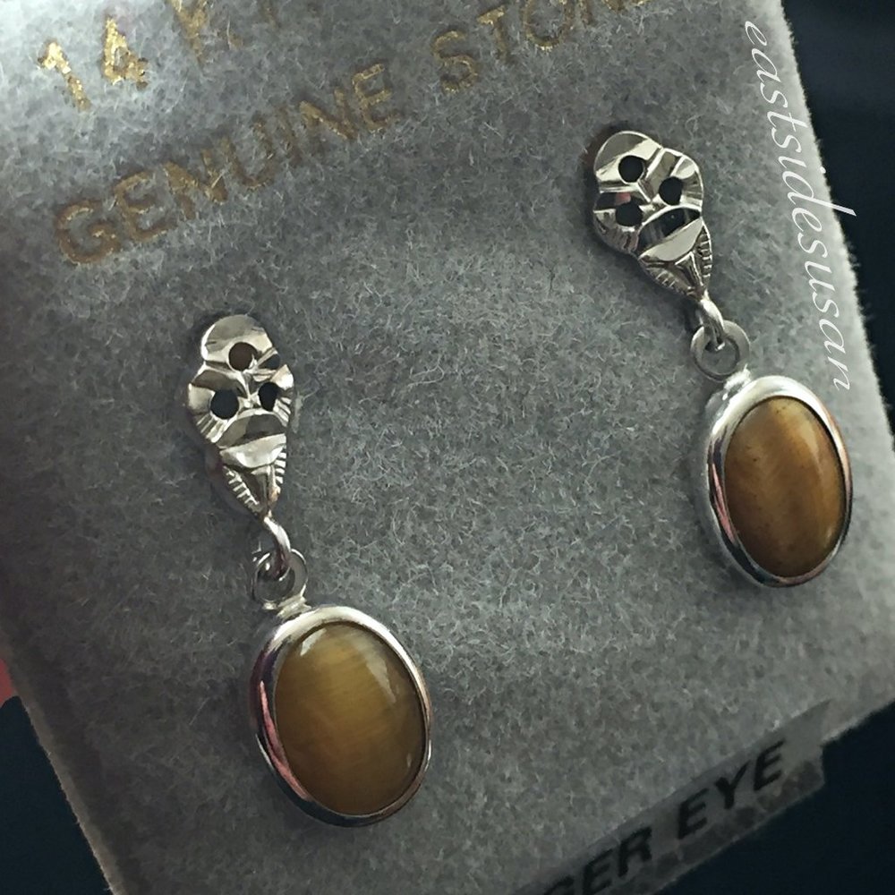 VTG UNWORN White Gold + Tiger Eye Pierced Dangling Earrings NIB